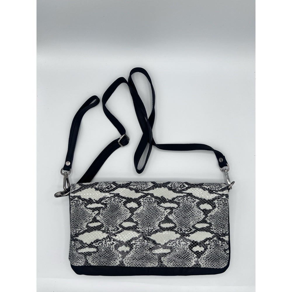 Vintage Black & Snakeskin Pattern Italian Leather Clutch w/ 2 Detachable Straps